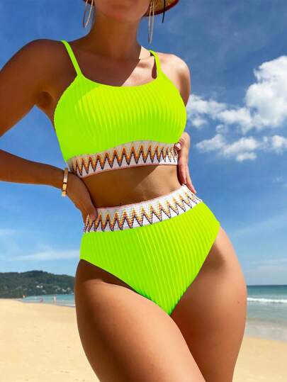 Swim Vcay ملابس سباحة للنساء بحمالة رفيعة مع شورت سباحة بخصر مرتفع، ملابس سباحة قطعتين