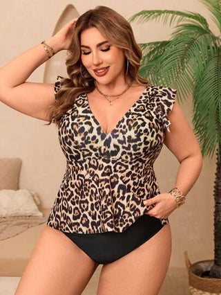 Swim Lushoire مجموعة ملابس سباحة نسائية مقاس كبير، بطبعة نمر، بلا أكمام، نمط مريح للعطلات