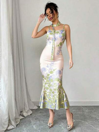 Modelyn فستان نسائي ضيق مطبوع بألسنة معلقة، تصميم عصري بسيط