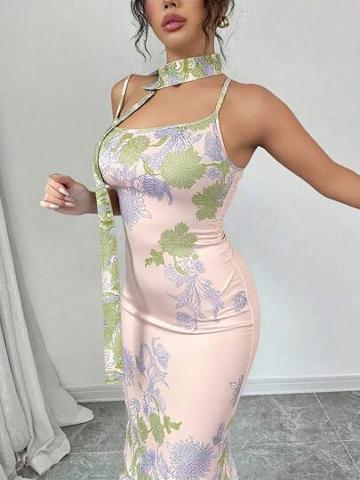 Modelyn فستان نسائي ضيق مطبوع بألسنة معلقة، تصميم عصري بسيط