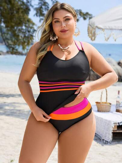 Swim Lushoire مجموعة بكيني للمرأة بمقاسات كبيرة ذات قطعتين أسود أحادي اللون مرقع بتصميم أنيق مناسب للعطلات والاستخدام اليومي، قابلة للتعديل للتنحيف