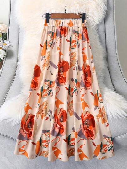 EARO تنورة نسائية فرنسية عصرية بطبعة زهرية، قصة A-line ذات خصر مرتفع وخصر مطاطي مرن، طول الركبة، مناسبة للاستخدام اليومي والمناسبات، جودة راقية، مناسبة للخريف والشتاء