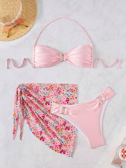 Swim Mod طقم ملابس سباحة نسائي مكون من 3 قطع مع ملابس علوية وردي لامع مزخرف، وأسفل مطابق مزين بإكسسوارات معدنية غير متماثلة، طقم بكيني مثير مع تنورة شاطئ مطبوعة بشكل عشوائي