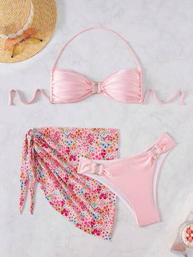 Swim Mod طقم ملابس سباحة نسائي مكون من 3 قطع مع ملابس علوية وردي لامع مزخرف، وأسفل مطابق مزين بإكسسوارات معدنية غير متماثلة، طقم بكيني مثير مع تنورة شاطئ مطبوعة بشكل عشوائي