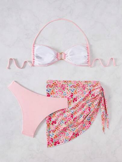 Swim Mod طقم ملابس سباحة نسائي مكون من 3 قطع مع ملابس علوية وردي لامع مزخرف، وأسفل مطابق مزين بإكسسوارات معدنية غير متماثلة، طقم بكيني مثير مع تنورة شاطئ مطبوعة بشكل عشوائي