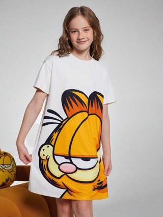 بيجاما GARFIELD X  فستان أبيض كاجوال بأكمام قصيرة طباعة جرافيك كرتون جميل للمراهقات