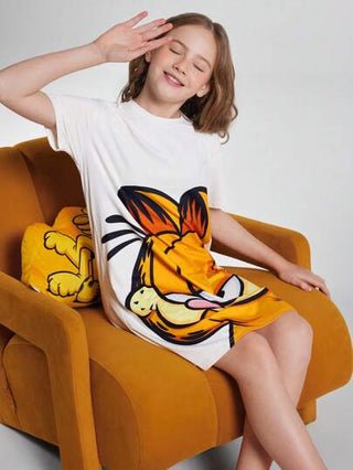 بيجاما GARFIELD X  فستان أبيض كاجوال بأكمام قصيرة طباعة جرافيك كرتون جميل للمراهقات