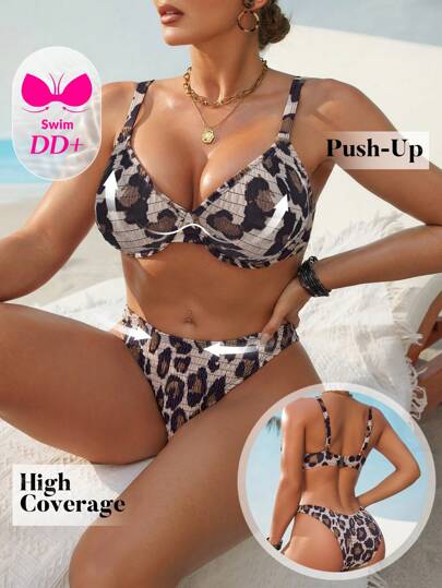 طقم تانكيني حريمي Swim DD+ ملابس نسائية صيفية للشاطئ: توب تانكيني ذو نمط عشوائي بطبعة نمر والمتميز بدعم من الأسفل، وسروال بيكيني مثلث عادي، مجموعة ملابس السباحة للعطلة