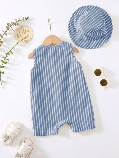 SHEIN مجموعتان من رومبير الرضيع الولد/البنت الصيفية المخططة الملونة بدون أكمام وشورت مع قبعة دلو، مجموعة ملابس عصرية متعددة الاستخدامات للسفر والعطلات
