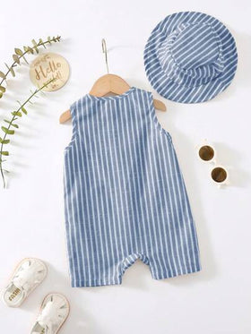SHEIN مجموعتان من رومبير الرضيع الولد/البنت الصيفية المخططة الملونة بدون أكمام وشورت مع قبعة دلو، مجموعة ملابس عصرية متعددة الاستخدامات للسفر والعطلات
