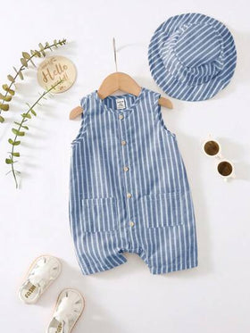 SHEIN مجموعتان من رومبير الرضيع الولد/البنت الصيفية المخططة الملونة بدون أكمام وشورت مع قبعة دلو، مجموعة ملابس عصرية متعددة الاستخدامات للسفر والعطلات