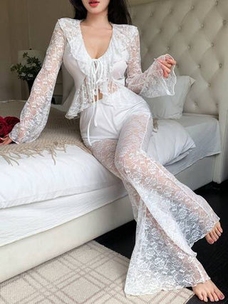 طقم تانكيني حريمي مجموعة بيجامة للنساء تتكون من ملابس علوية طويلة الأكمام بياقة على شكل حرف V من الدانتيل وبنطلون واسع