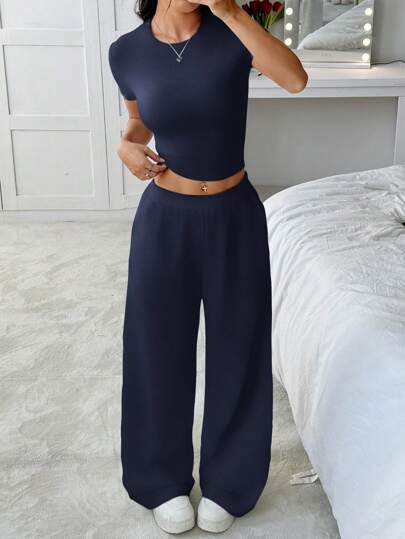 SHEIN EZwear 2 حبة/طقم تي شيرت كاجوال أزرق رمادي بأكمام قصيرة ضيق الملائمة وبنطلون رياضي فضفاض