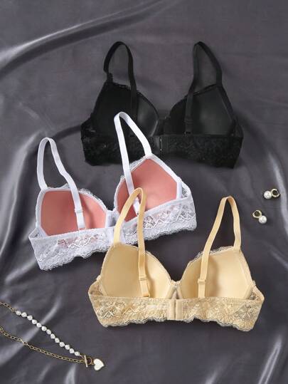 Shein Underwear&Sleepwear Basics 3 قطعة/مجموعة ملابس داخلية نسائية داعمة جنسية من الدانتيل ذات تصميم مبسط ومرن مزودة بسلك ورباط قابل للتعديل