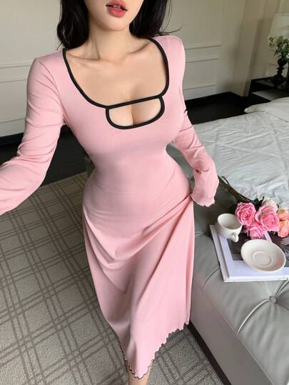 SHEIN فستان نسائي كاجوال بياقة مربعة مفرغة وقطع، ملابس مريحة، خريف وشتاء