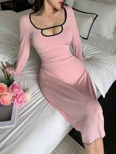 SHEIN فستان نسائي كاجوال بياقة مربعة مفرغة وقطع، ملابس مريحة، خريف وشتاء