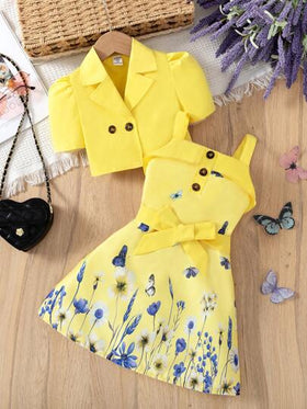 Elladie kids طقم من قطعتين للبنات الصغيرات، جاكيت وردية منسوجة بياقة عالية وفستان قصير من دون أكمام جميل