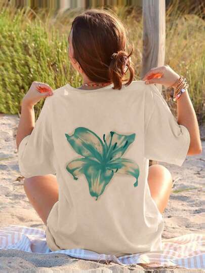ملابس علوية كرافيك أكمام قصيرة للفتيات الأطفال مستوحى من زهرة الخبازية الملونة، ملابس علوية صيفية مرحة، ملابس علوية للشباب