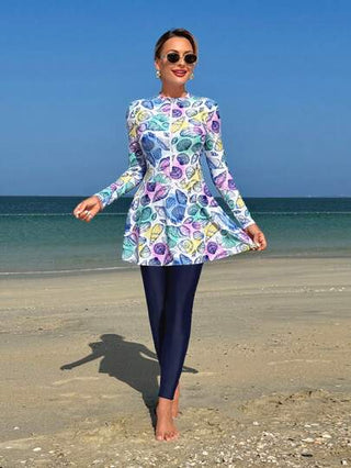 Swim Shayni مجموعة نسائية مكونة من 2 قطعة: توب طويل الأكمام ذو رقبة صاعدة ضيقة مطبوع بنقش صدفة البحر وفستان أنبوبي متوسط الطول مع سروال ضيق, بركيني للسيدات في الشرق الأوسط