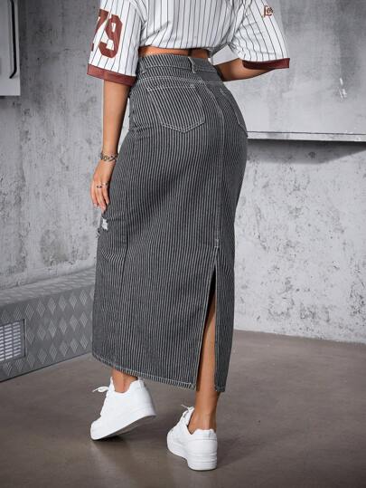 EZwear تنورة جينز طويلة ممزقة ذات شريط عادي