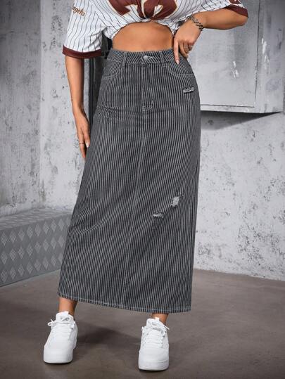 EZwear تنورة جينز طويلة ممزقة ذات شريط عادي