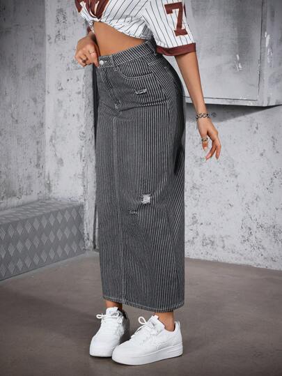 EZwear تنورة جينز طويلة ممزقة ذات شريط عادي