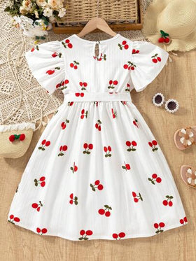 SHEIN Genkimix Kids فستان صيفي للفتيات لطيف وجذاب مع طباعة الكرز وأكمام مكشكشة، بتصميم كاجوال، قابل للغسل بالغسالة - مثالي للحفلات وأنشطة الشاطئ