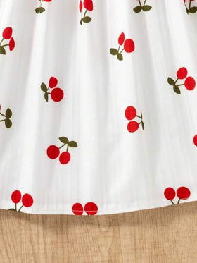 SHEIN Genkimix Kids فستان صيفي للفتيات لطيف وجذاب مع طباعة الكرز وأكمام مكشكشة، بتصميم كاجوال، قابل للغسل بالغسالة - مثالي للحفلات وأنشطة الشاطئ