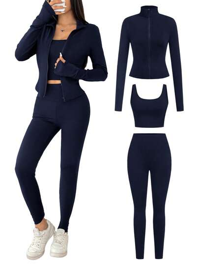 EZwear 3 قطعة مجموعة رياضية من الكنزة المحبوكة باللون الأزرق الكحلي للنساء