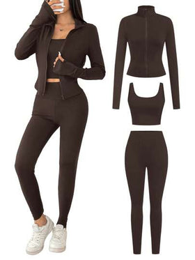 SHEIN EZwear 3 بيس طقم رياضي مُحبك للنساء بالبني