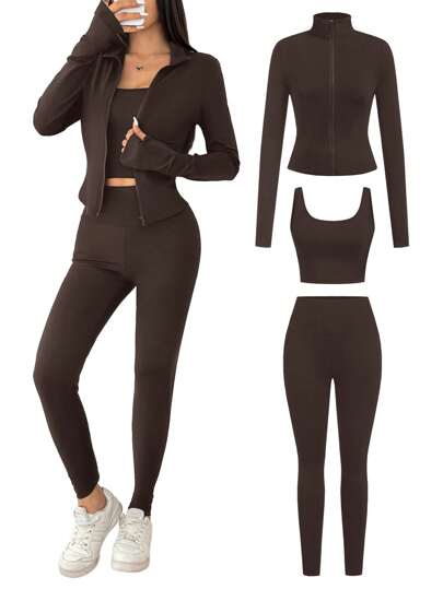 SHEIN EZwear 3 بيس طقم رياضي مُحبك للنساء بالبني