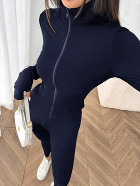SHEIN EZwear 3 قطعة مجموعة رياضية من الكنزة المحبوكة باللون الأزرق الكحلي للنساء