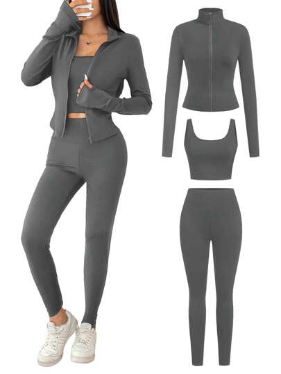 SHEIN EZwear طقم رياضي للنساء 3 قطع من السترة الصوفية الرمادية ، الصدرية و السراويل الرياضية