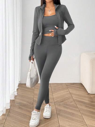 SHEIN EZwear طقم رياضي للنساء 3 قطع من السترة الصوفية الرمادية ، الصدرية و السراويل الرياضية
