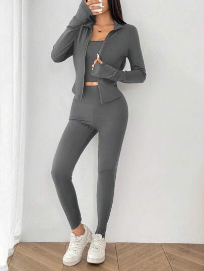 SHEIN EZwear طقم رياضي للنساء 3 قطع من السترة الصوفية الرمادية ، الصدرية و السراويل الرياضية