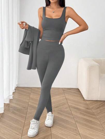 SHEIN EZwear طقم رياضي للنساء 3 قطع من السترة الصوفية الرمادية ، الصدرية و السراويل الرياضية