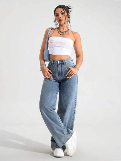 EZwear جينز متسع مرتفع الخصر مرتخي مغسول بالكاجوال