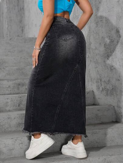EZwear تنورة جينز طويلة مهترئة بشرابات غير رسمية