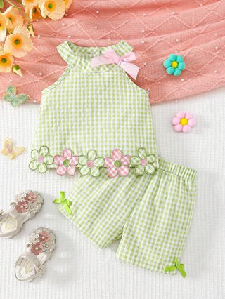 SHEIN طقم قم-يص بلا أكمام مزخ-رف بزخارف الزهور والشوكة للبنات الصغيرات، مناسب للربيع/الصيف