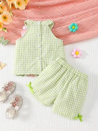 SHEIN طقم قم-يص بلا أكمام مزخ-رف بزخارف الزهور والشوكة للبنات الصغيرات، مناسب للربيع/الصيف