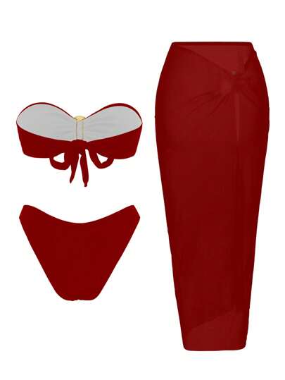 Swim Oasis طقم الربيع المكون من 3 قطع: توب بانديو باللون الأحادي، إكسسوارات معدنية، سروال بكيني وتنورة شبكية طويلة جدا. ملابس سباحة أنيقة وجذابة للنساء لارتدائها في حفلات عطلة الشاطئ