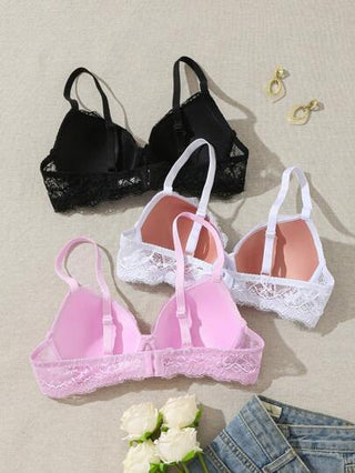 Shein Underwear&Sleepwear Basics 3 قطع / طقم ملابس داخلية بصدرية مدعمة رومانسية من الدانتيل قابلة للتعديل، تصميم جذاب وبسيط للنساء