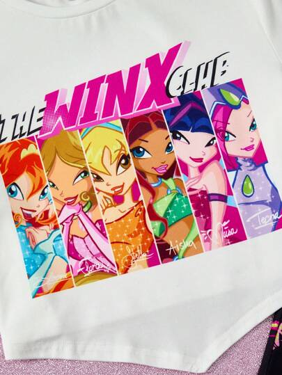 ملابس بناتي The Winx X  مجموعة بنطلون وتيشيرت للبنات المراهقات ، تيشيرت قصير الأكمام أبيض مريح متعدد الاستخدامات مع رسوم بورتريه ، وبنطلون أسود متسع بطبعة فراشات ملونة قطعتان