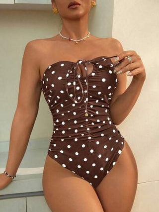 مايوه حريمي قطعة واحدة Swim Chiccia ملابس السباحة قطعة واحدة للسيدات، حريري أسود بنقشات بيضاء ، بكشكشة، ربطة أمامية، للشواطئ والمنتجعات