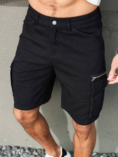 Manfinity Homme شورتات جينز ذات لون سادة وطراز بسيط للرجال، مناسبة للصيف