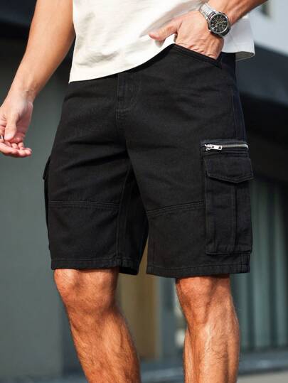 Manfinity Homme شورتات جينز ذات لون سادة وطراز بسيط للرجال، مناسبة للصيف