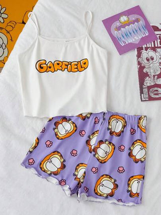 بيجاما GARFIELD X  طقم بجامة بأعلى بدون أكمام برسومات أحرف لفتيات المراهقات مع شورت قصير برسوم قطة كرتونية بنفسجية اللون، مناسب للربيع والصيف، 2 قطعة