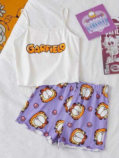بيجاما GARFIELD X  طقم بجامة بأعلى بدون أكمام برسومات أحرف لفتيات المراهقات مع شورت قصير برسوم قطة كرتونية بنفسجية اللون، مناسب للربيع والصيف، 2 قطعة