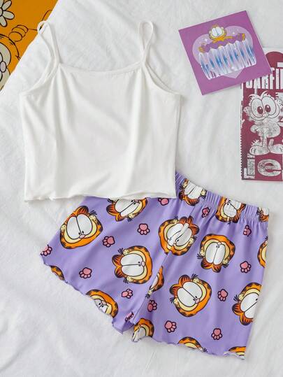 بيجاما GARFIELD X  طقم بجامة بأعلى بدون أكمام برسومات أحرف لفتيات المراهقات مع شورت قصير برسوم قطة كرتونية بنفسجية اللون، مناسب للربيع والصيف، 2 قطعة