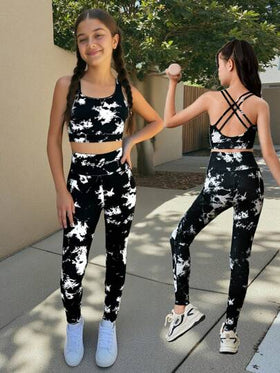 SHEIN مجموعة رياضية من الأعلى القصير بتصميم متقاطع الظهر والسراويل الضيقة الخصر العالي للفتيات المراهقات، مصنوعة من القماش المنسوج القابل للإسترخاء والصباغة، مناسبة للرياضة وملائمة للعودة للمدرسة